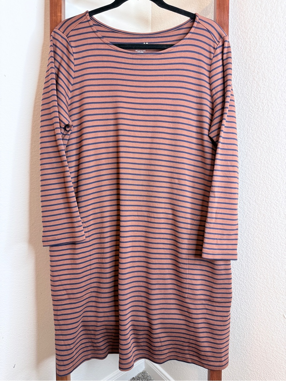Wool& Merino Rowena Long Sleeve Swing Dress in Cinnamon Tonal Stripe XL